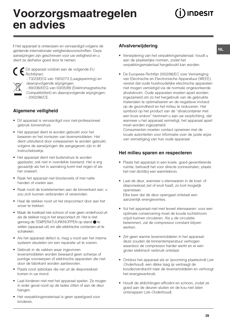 Voorzorgsmaatregelen en advies | Indesit BAAAN 13 User Manual | Page 39 / 72