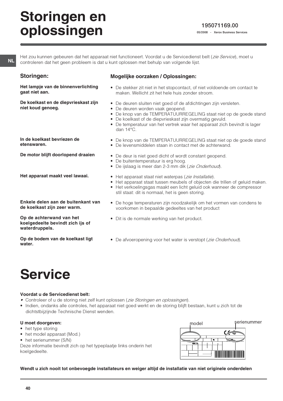 Service, Storingen en oplossingen, Storingen | Mogelijke oorzaken / oplossingen | Indesit BAAAN 13 User Manual | Page 40 / 72