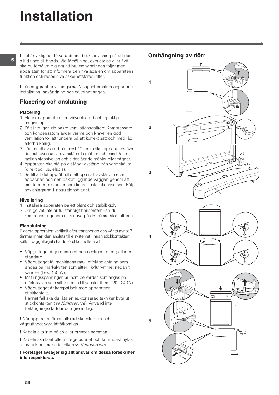 Installation, Placering och anslutning, Omhängning av dörr | Indesit BAAAN 13 User Manual | Page 58 / 72