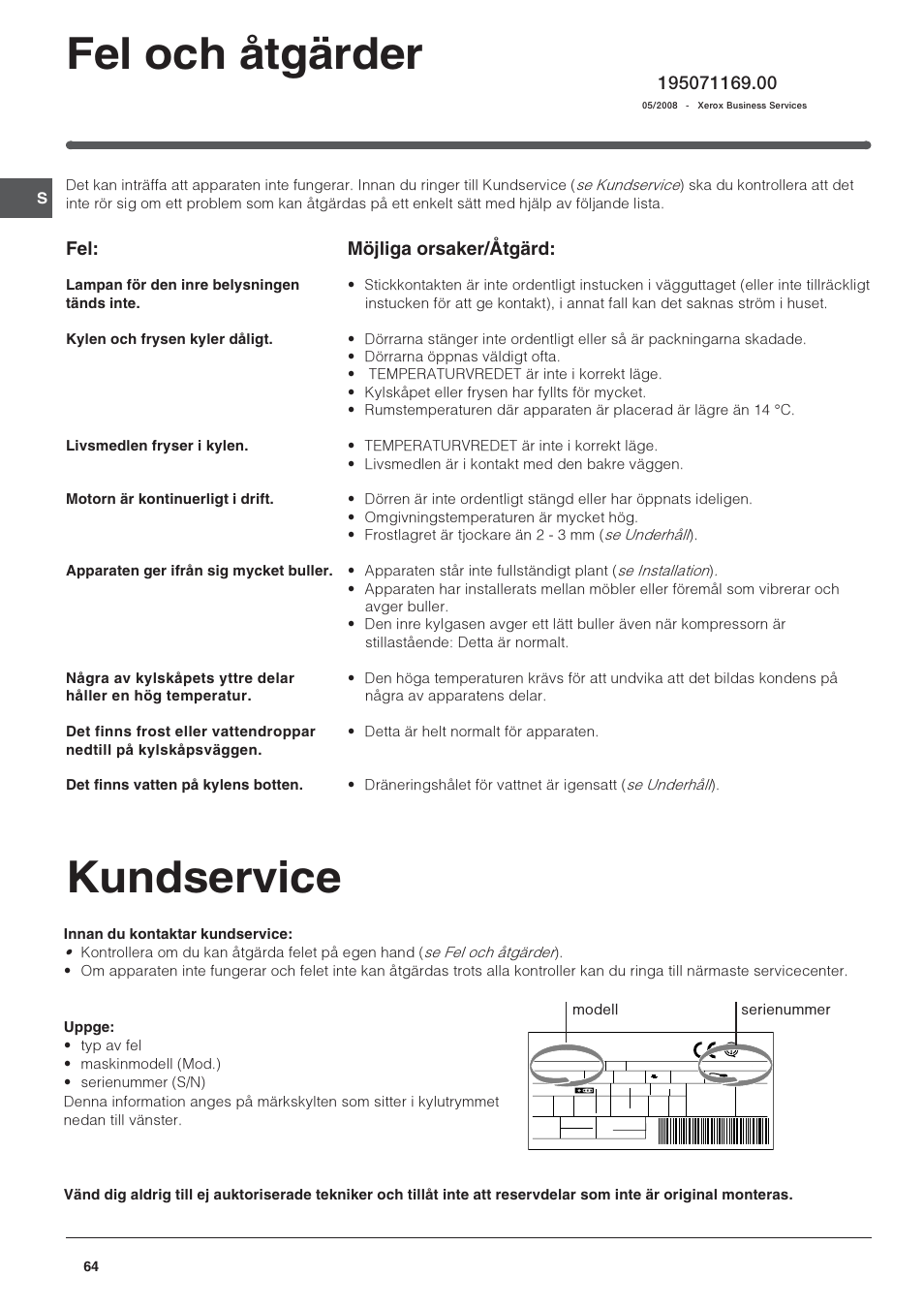 Kundservice, Fel och åtgärder, Möjliga orsaker/åtgärd | Indesit BAAAN 13 User Manual | Page 64 / 72