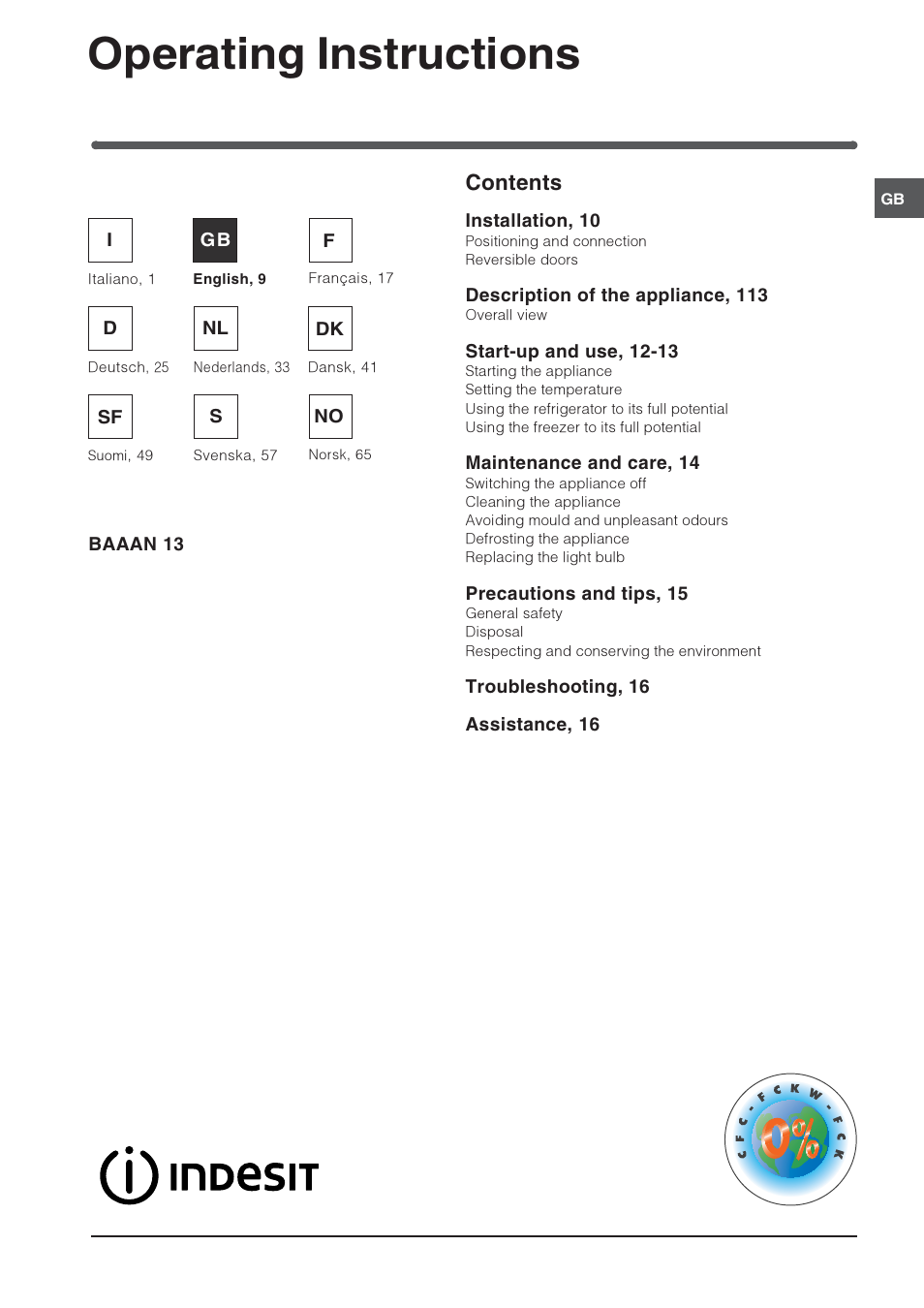 Operating instructions, Refrigerator/freezer combination contents | Indesit BAAAN 13 User Manual | Page 9 / 72