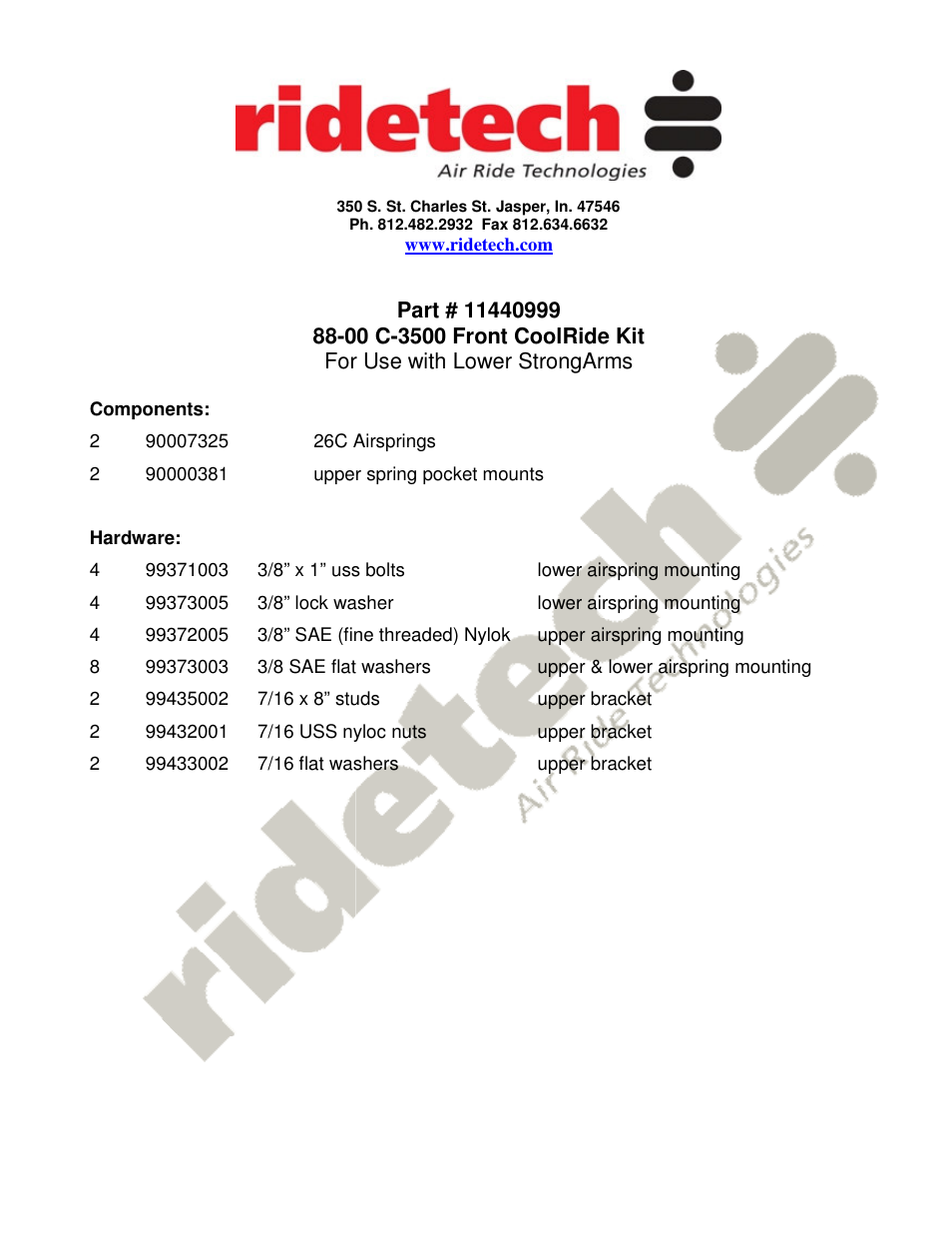 Ridetech 11440999 User Manual | 1 page