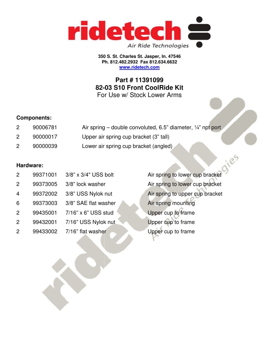 Ridetech 11391099 User Manual | 2 pages