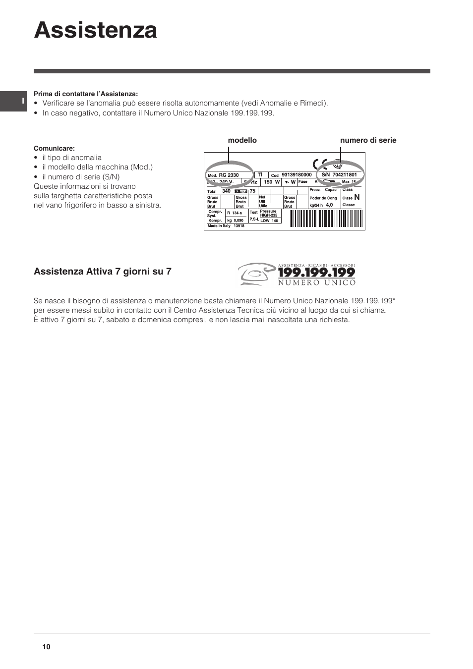 Assistenza | Indesit CAA 55 User Manual | Page 10 / 100