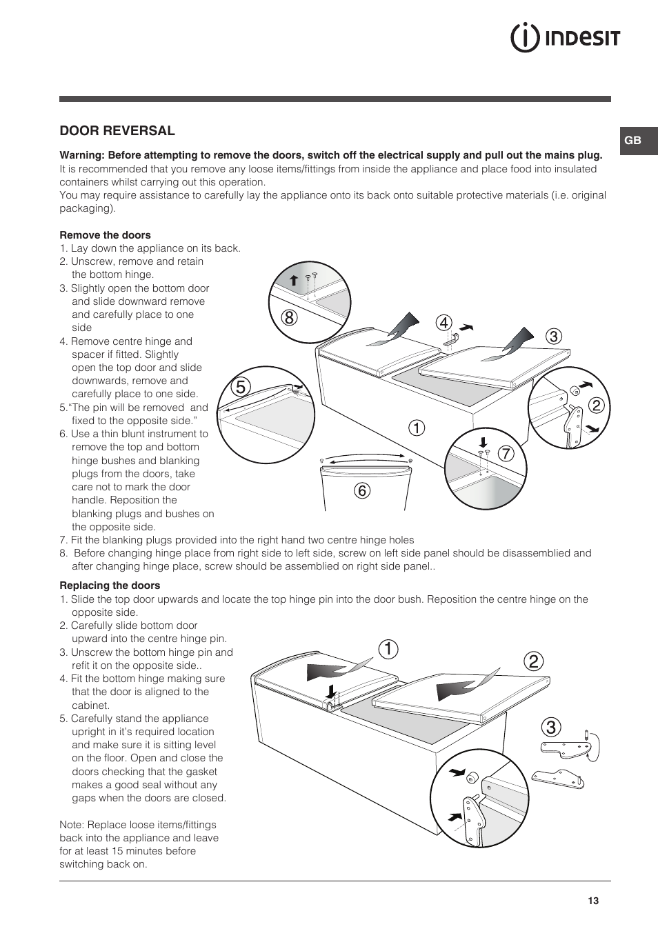 Door reversal | Indesit CAA 55 User Manual | Page 13 / 100