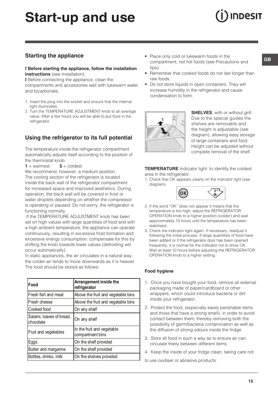 Start-up and use | Indesit CAA 55 User Manual | Page 15 / 100