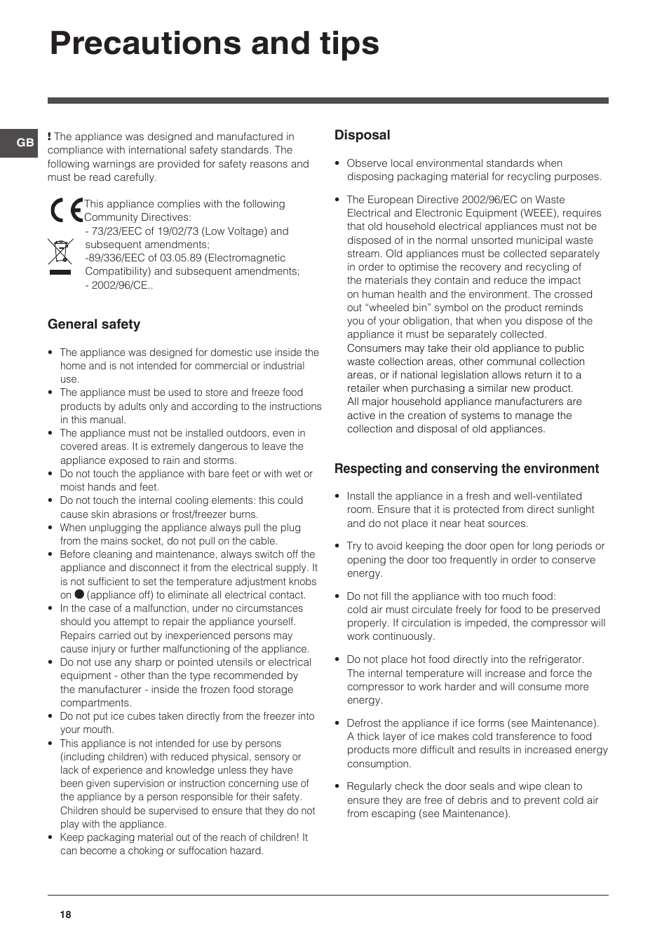 Precautions and tips | Indesit CAA 55 User Manual | Page 18 / 100