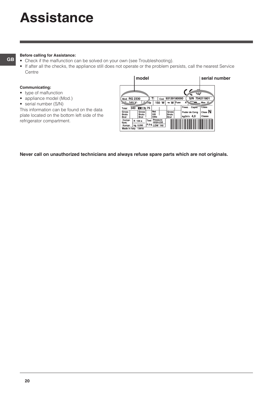 Assistance | Indesit CAA 55 User Manual | Page 20 / 100