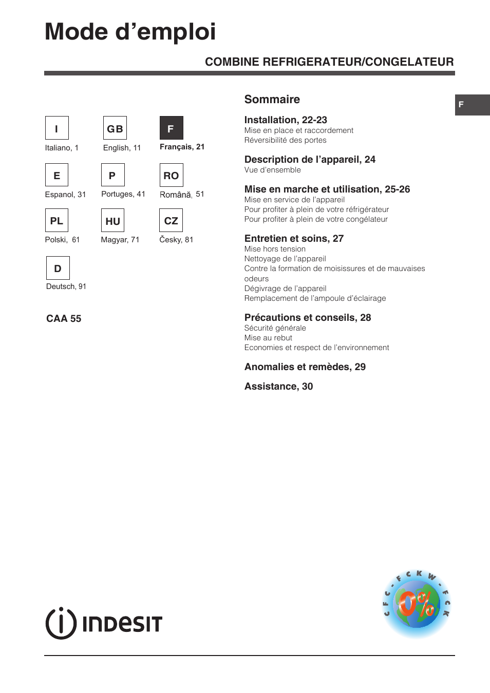 Mode d’emploi, Combine refrigerateur/congelateur sommaire | Indesit CAA 55 User Manual | Page 21 / 100