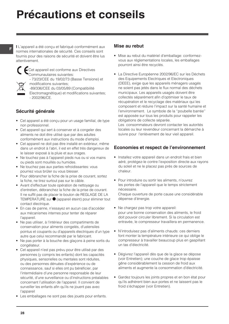 Précautions et conseils | Indesit CAA 55 User Manual | Page 28 / 100