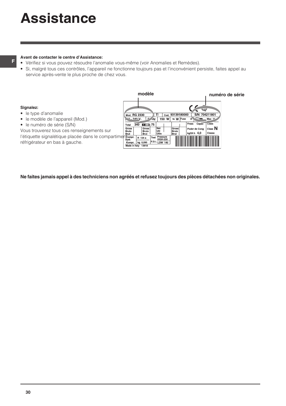 Assistance | Indesit CAA 55 User Manual | Page 30 / 100