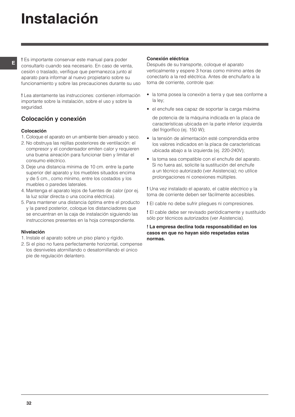 Instalación | Indesit CAA 55 User Manual | Page 32 / 100