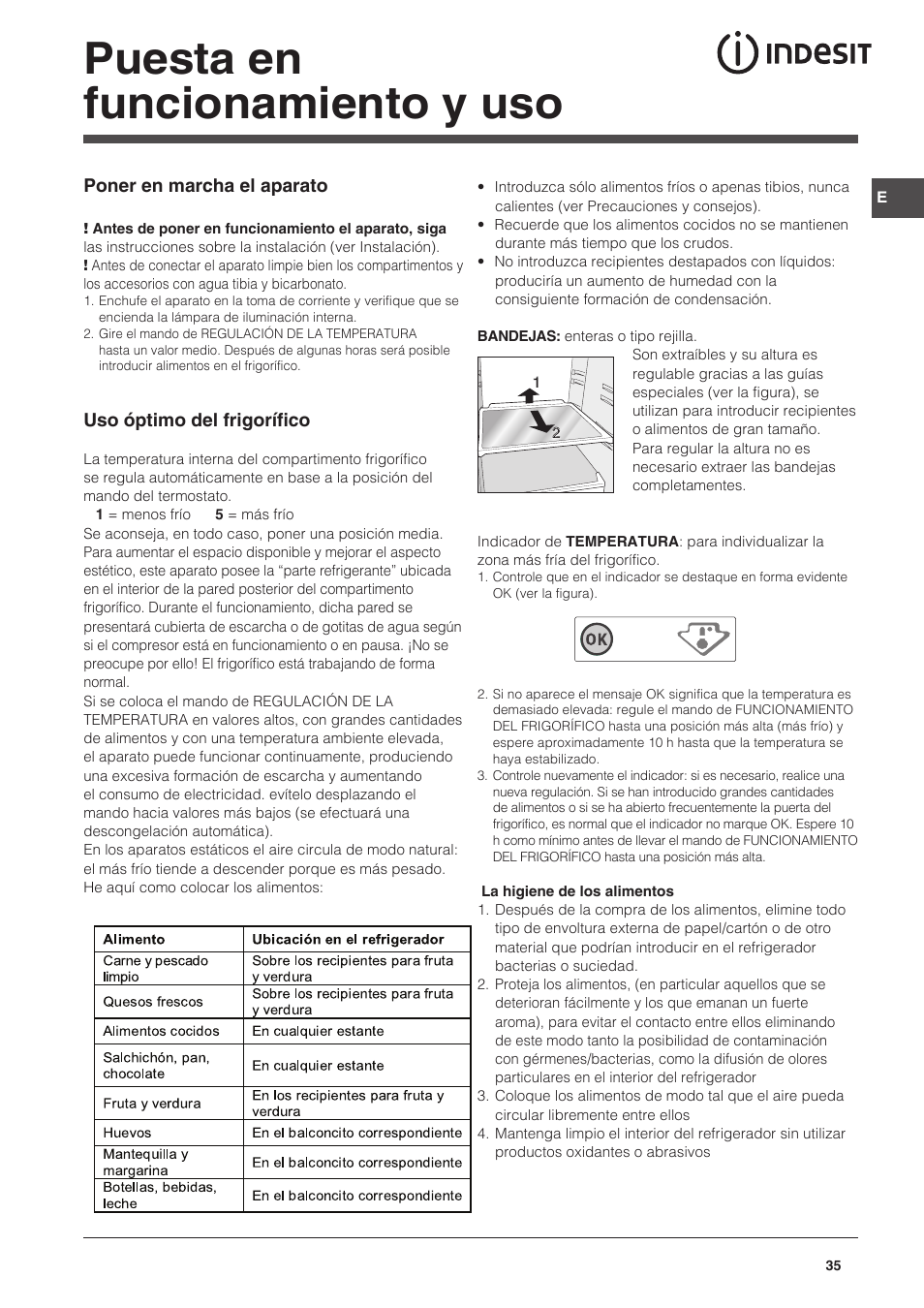 Puesta en funcionamiento y uso | Indesit CAA 55 User Manual | Page 35 / 100