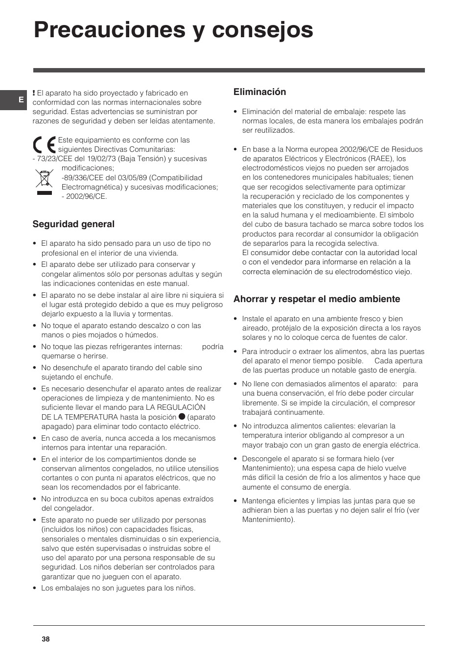 Precauciones y consejos | Indesit CAA 55 User Manual | Page 38 / 100