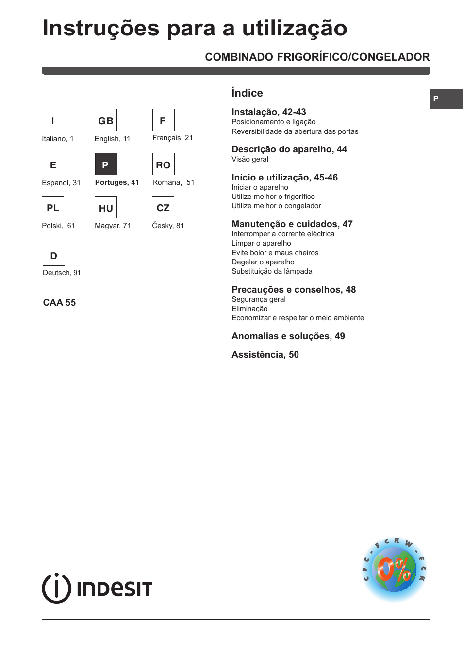Instruções para a utilização, Combinado frigorífico/congelador índice | Indesit CAA 55 User Manual | Page 41 / 100