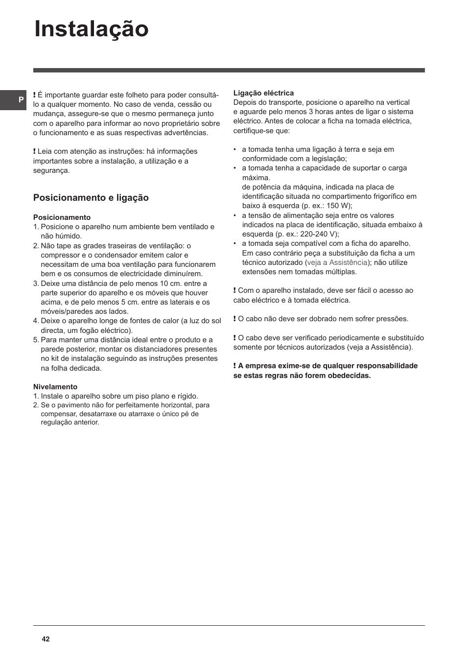 Instalação, Posicionamento e ligação | Indesit CAA 55 User Manual | Page 42 / 100