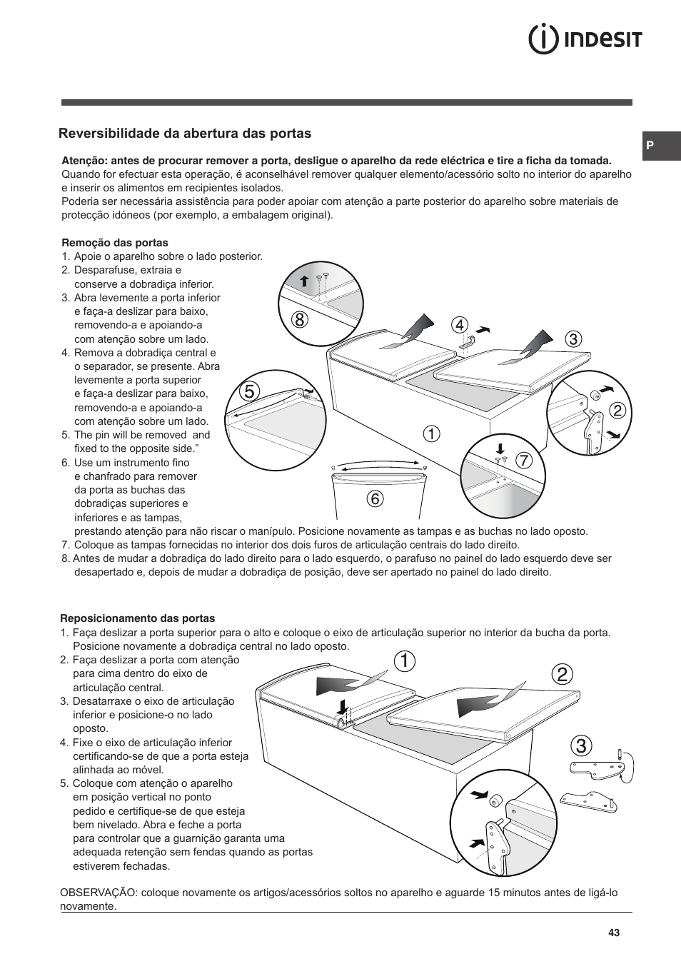 Reversibilidade da abertura das portas | Indesit CAA 55 User Manual | Page 43 / 100