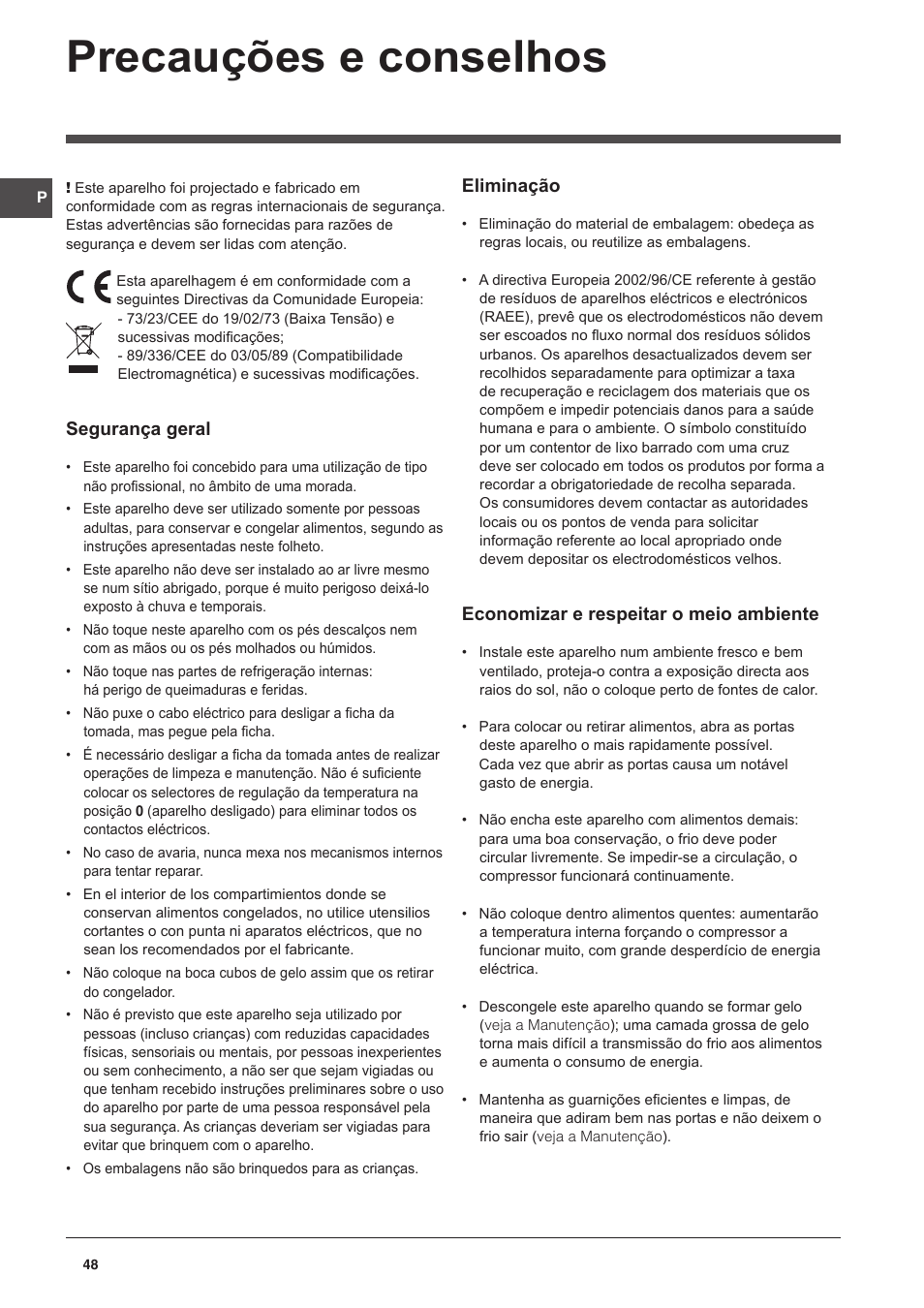 Precauções e conselhos, Segurança geral, Eliminação | Economizar e respeitar o meio ambiente | Indesit CAA 55 User Manual | Page 48 / 100