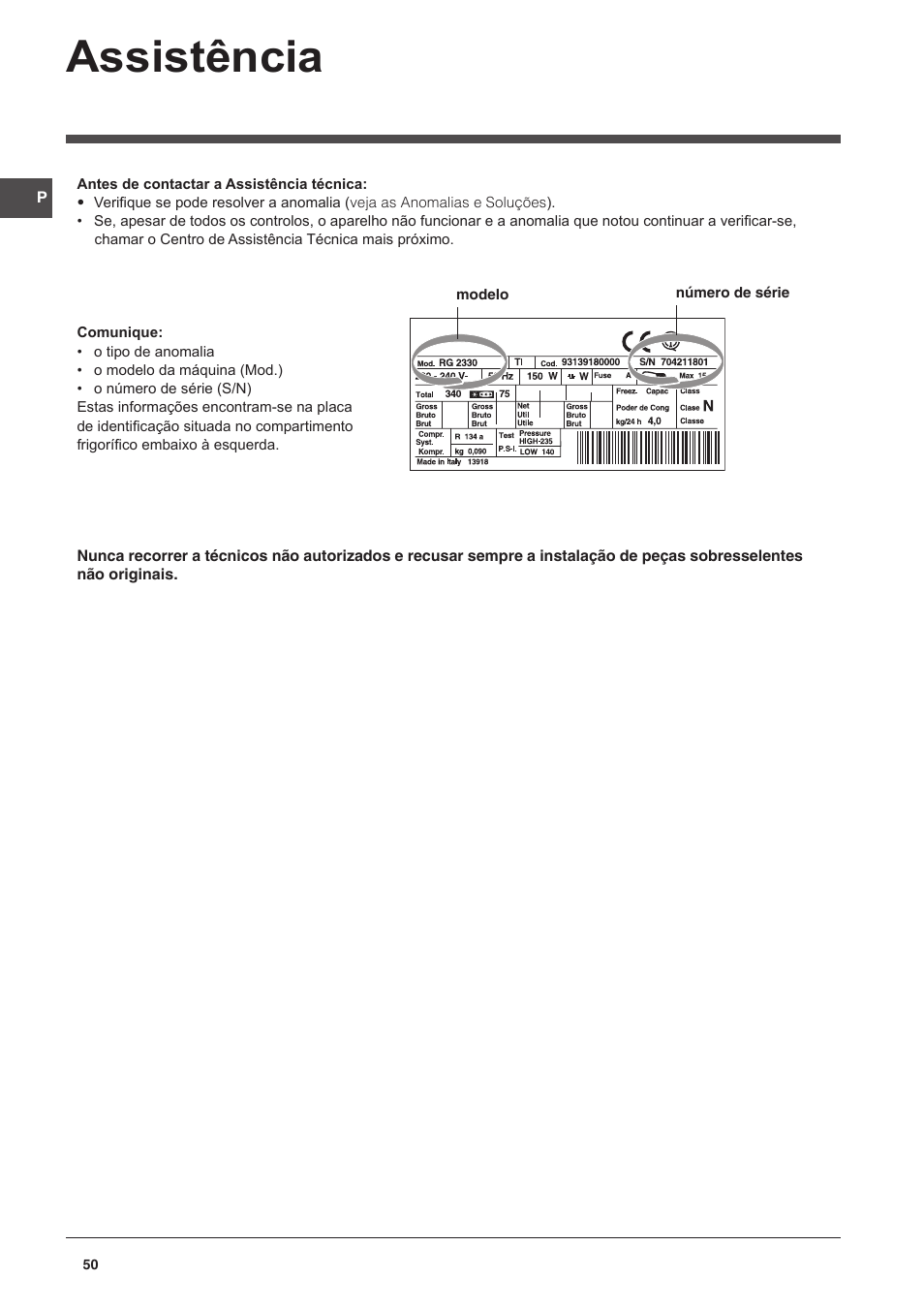 Assistência | Indesit CAA 55 User Manual | Page 50 / 100