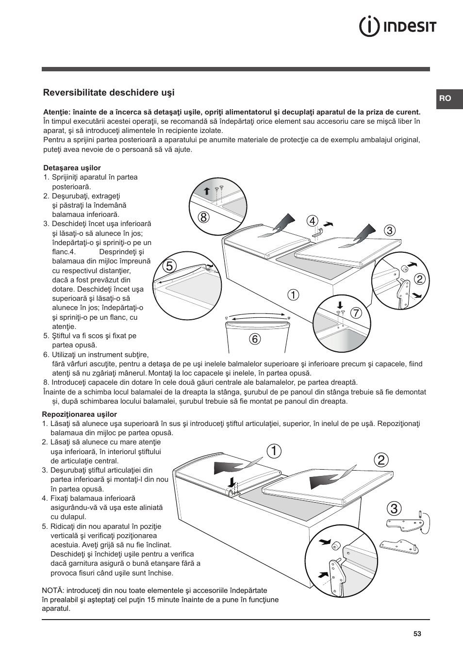 Reversibilitate deschidere uşi | Indesit CAA 55 User Manual | Page 53 / 100