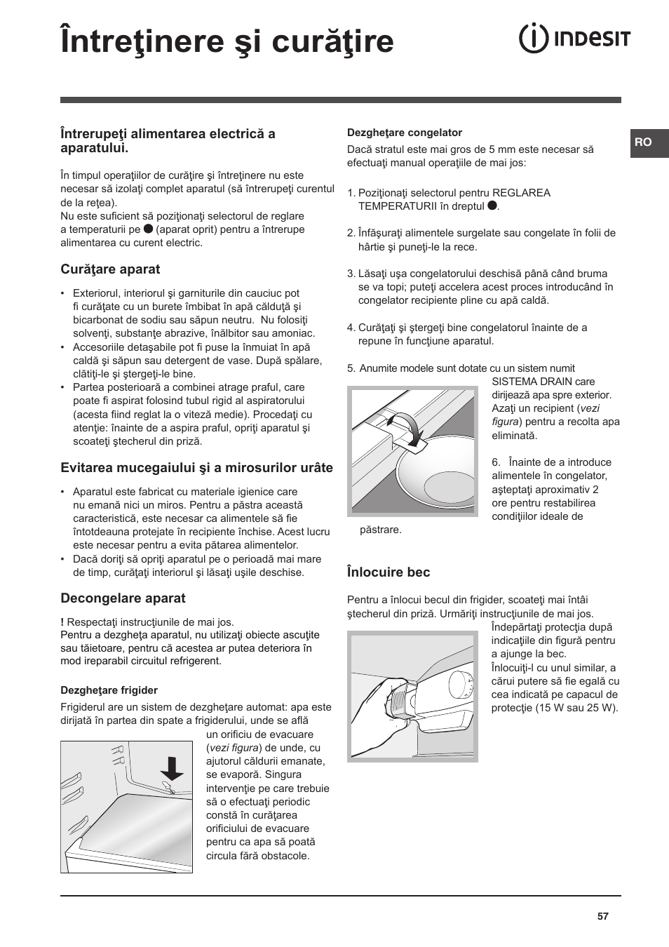 Întreţinere şi curăţire | Indesit CAA 55 User Manual | Page 57 / 100
