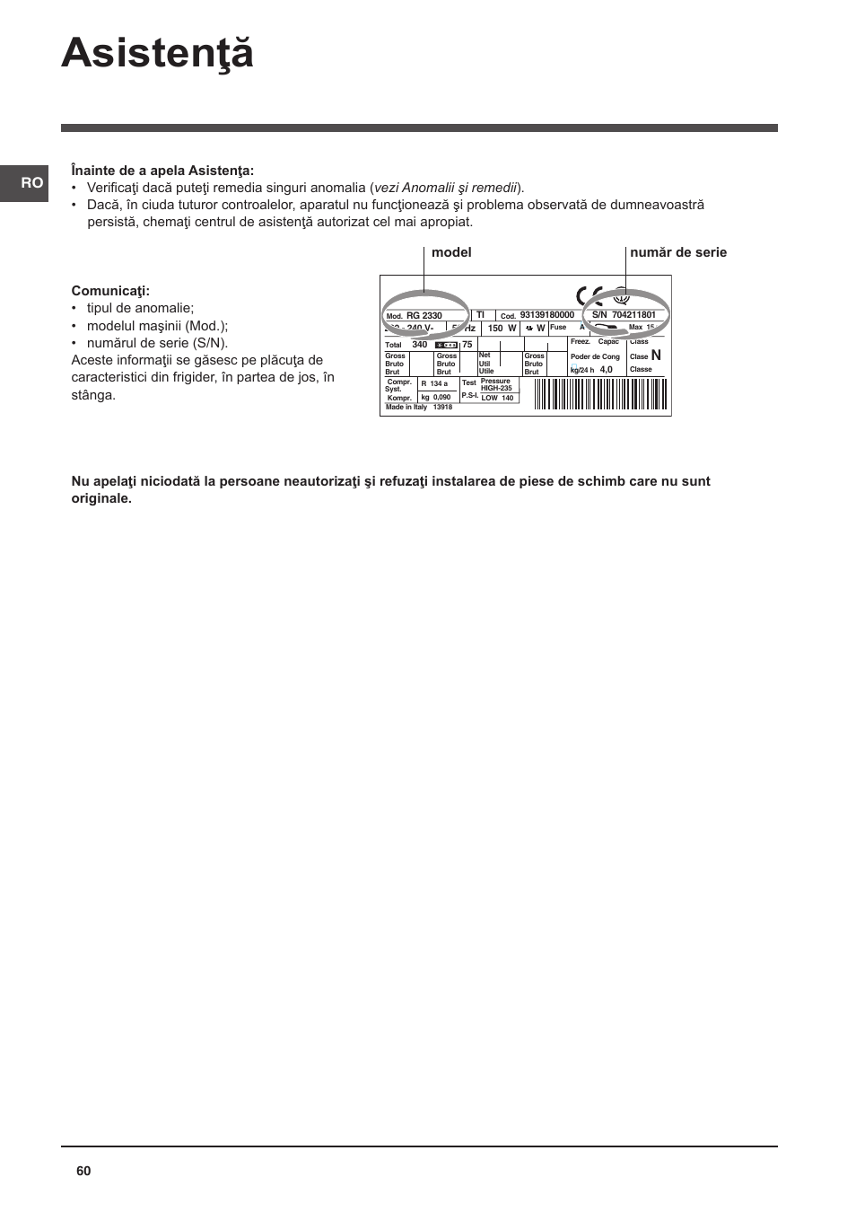 Asistenţă, Model număr de serie | Indesit CAA 55 User Manual | Page 60 / 100