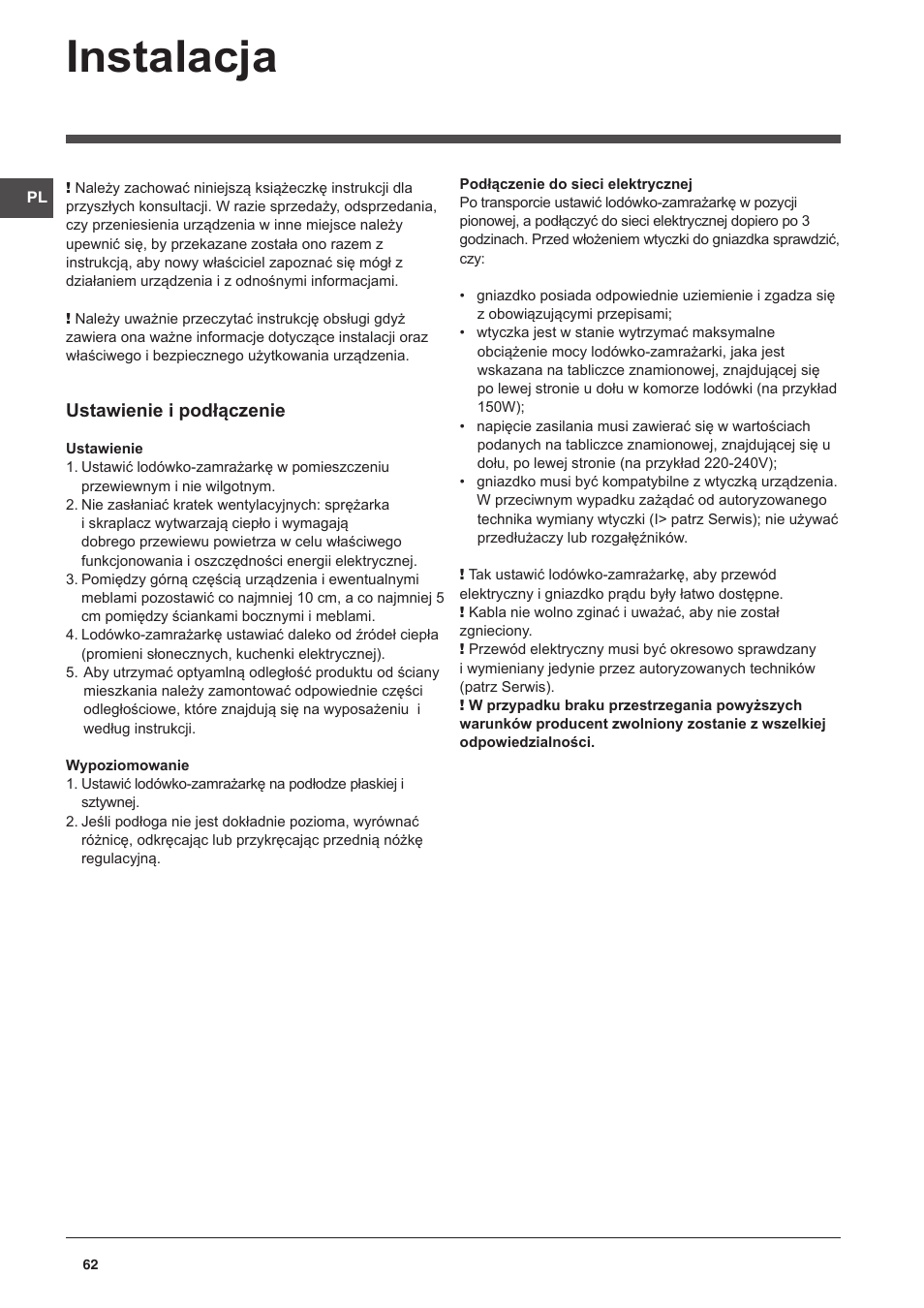 Instalacja, Ustawienie i podłączenie | Indesit CAA 55 User Manual | Page 62 / 100