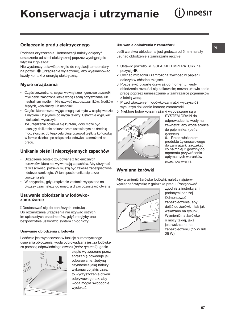 Konserwacja i utrzymanie | Indesit CAA 55 User Manual | Page 67 / 100