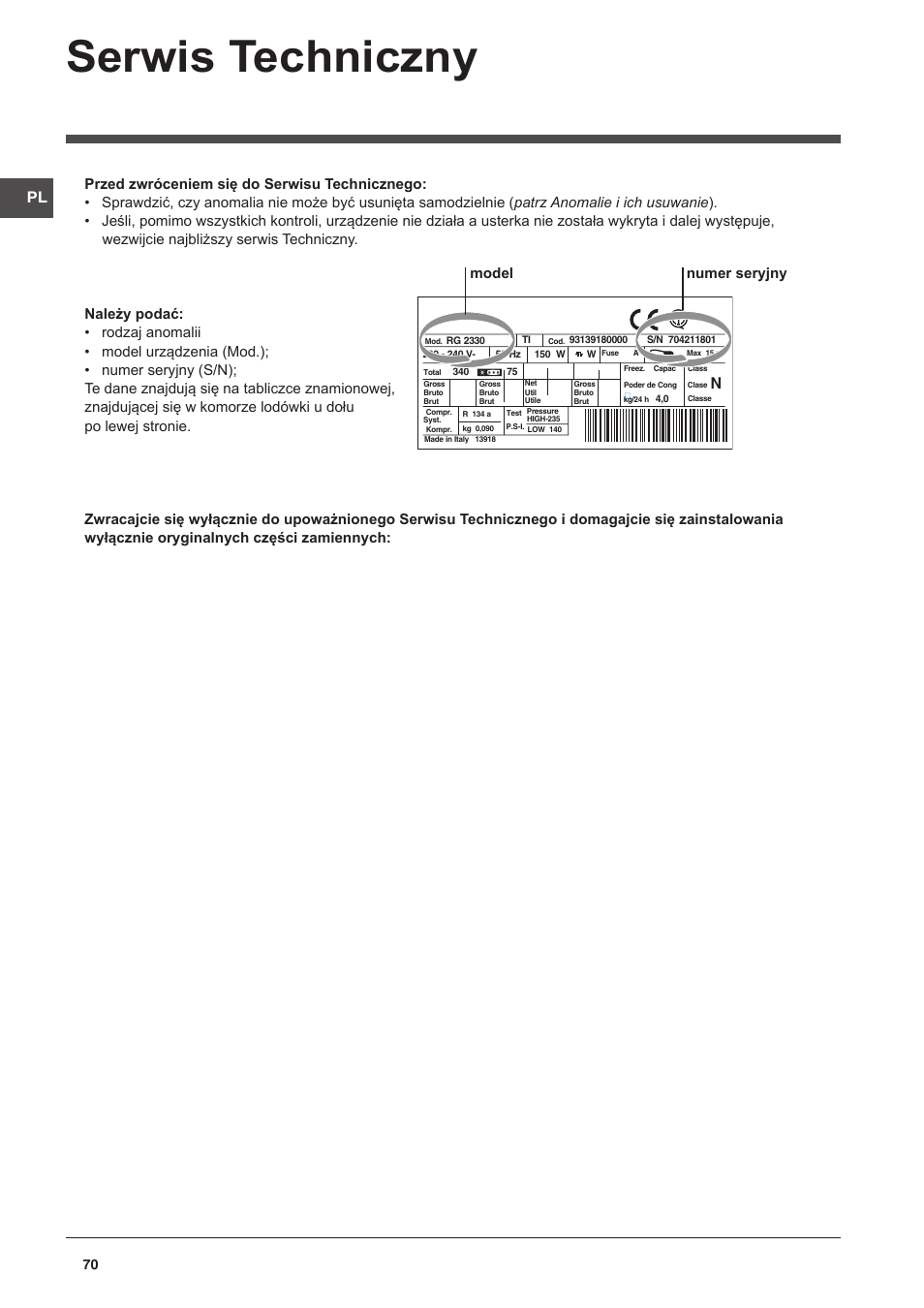 Serwis techniczny, Model numer seryjny | Indesit CAA 55 User Manual | Page 70 / 100