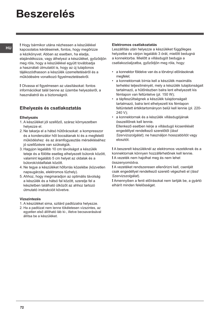 Beszerelés, Elhelyezés és csatlakoztatás | Indesit CAA 55 User Manual | Page 72 / 100