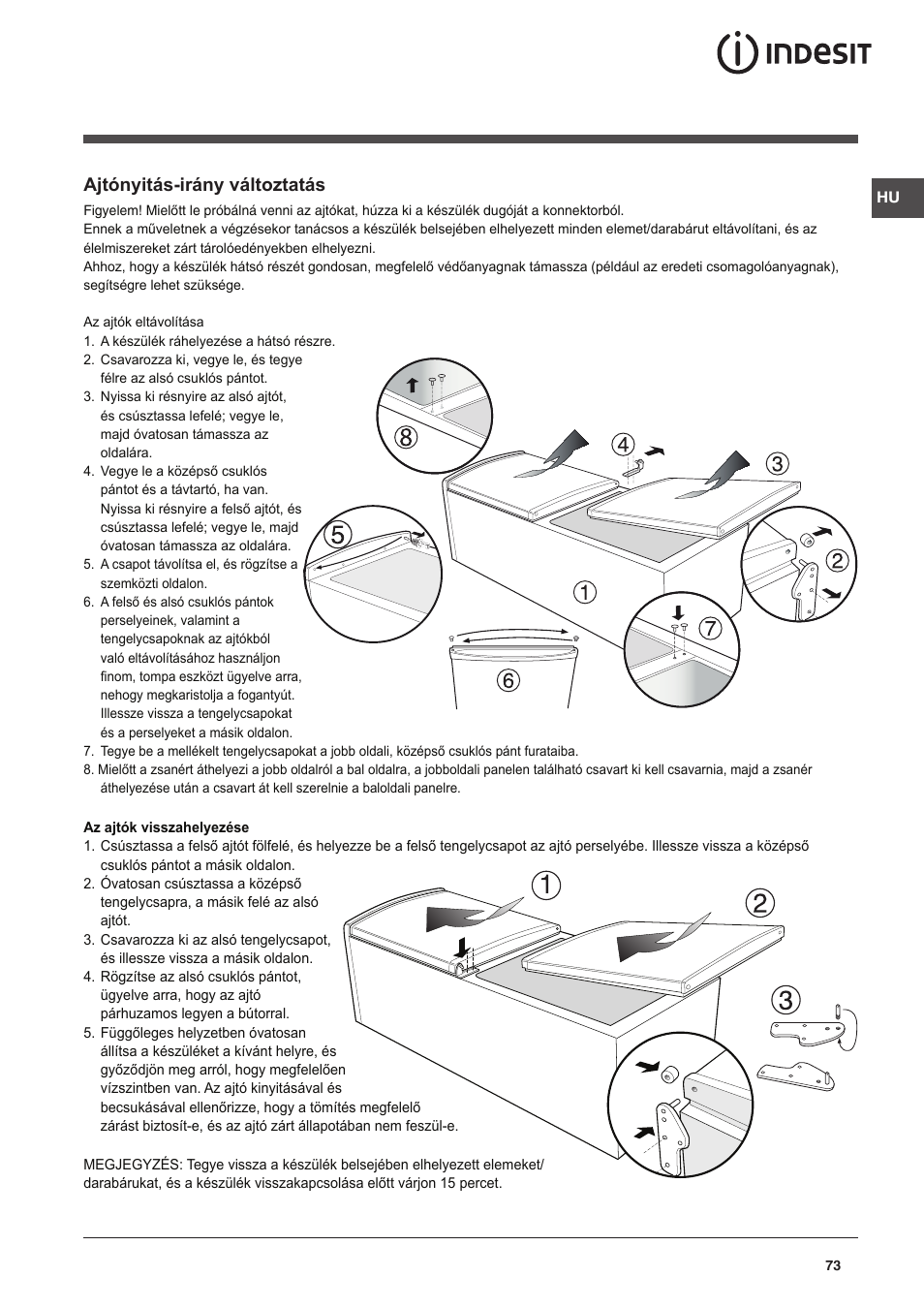 Ajtónyitás-irány változtatás | Indesit CAA 55 User Manual | Page 73 / 100
