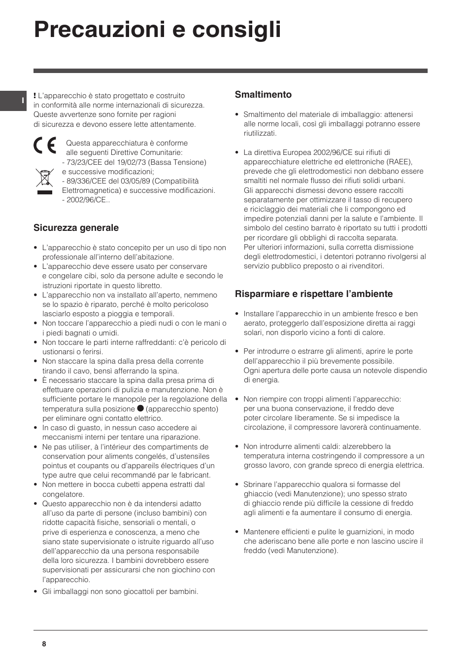 Precauzioni e consigli | Indesit CAA 55 User Manual | Page 8 / 100