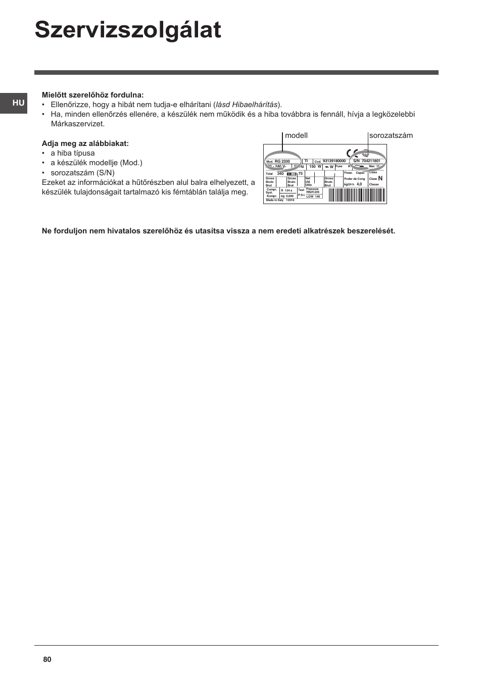 Szervizszolgálat, Modell sorozatszám | Indesit CAA 55 User Manual | Page 80 / 100