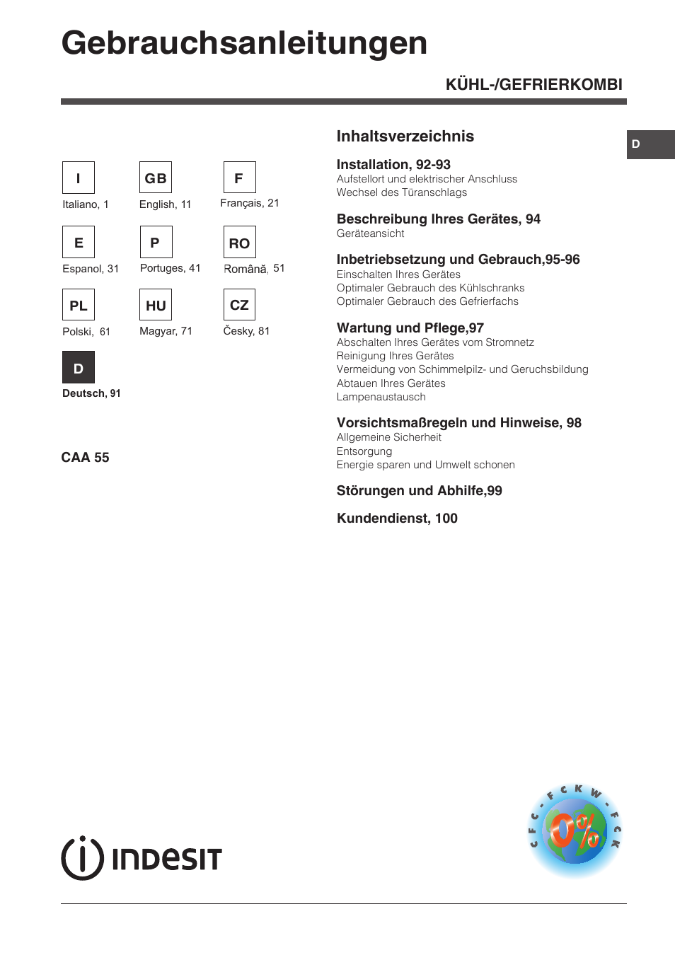 Gebrauchsanleitungen, Kühl-/gefrierkombi inhaltsverzeichnis | Indesit CAA 55 User Manual | Page 91 / 100