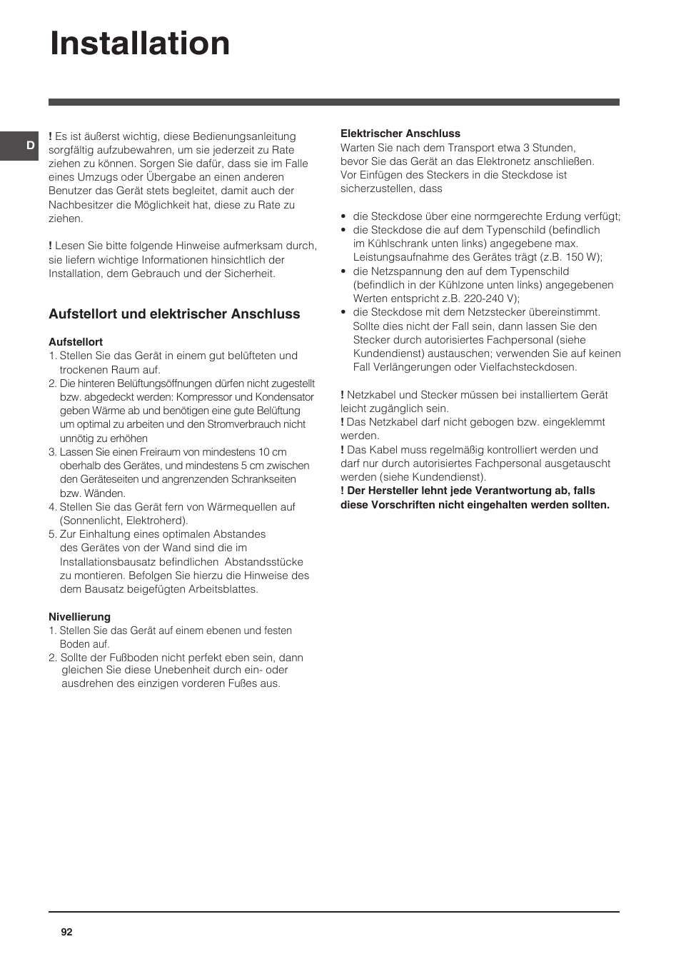 Installation | Indesit CAA 55 User Manual | Page 92 / 100