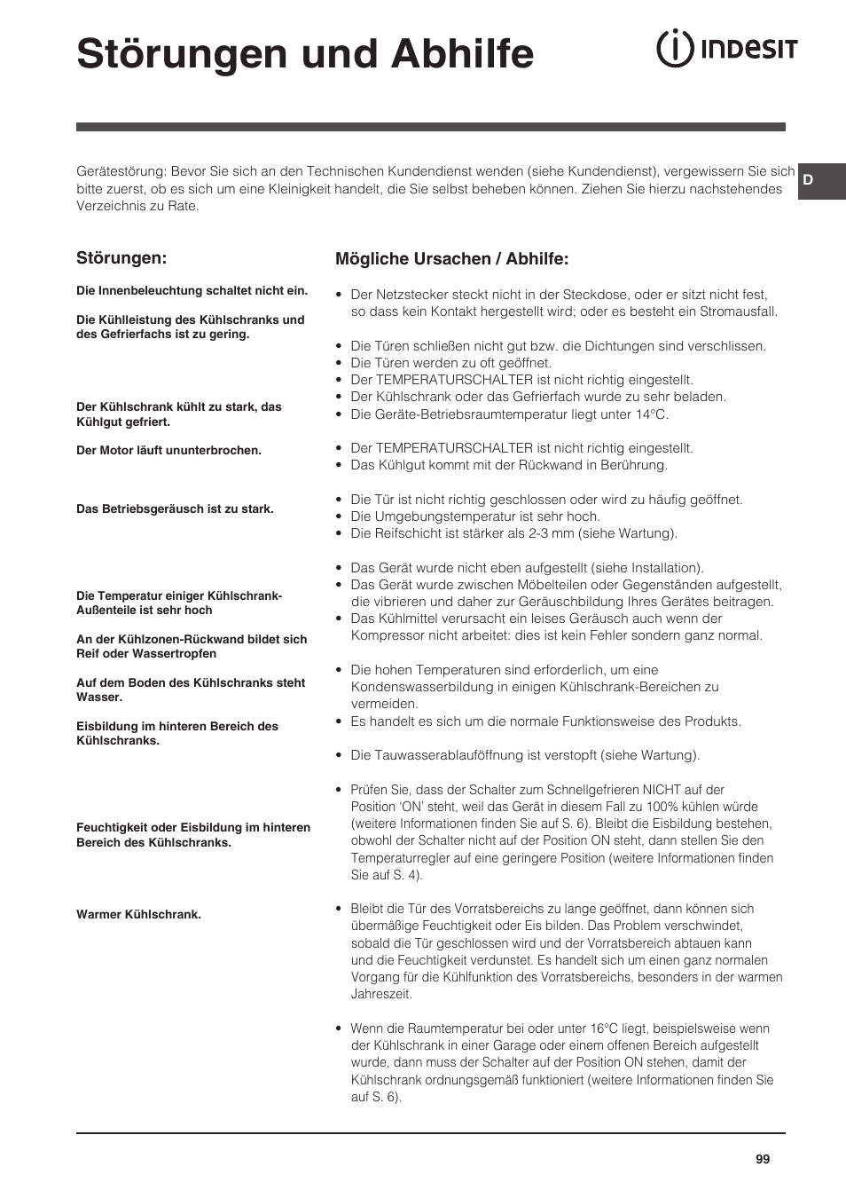 Störungen und abhilfe, Störungen, Mögliche ursachen / abhilfe | Indesit CAA 55 User Manual | Page 99 / 100