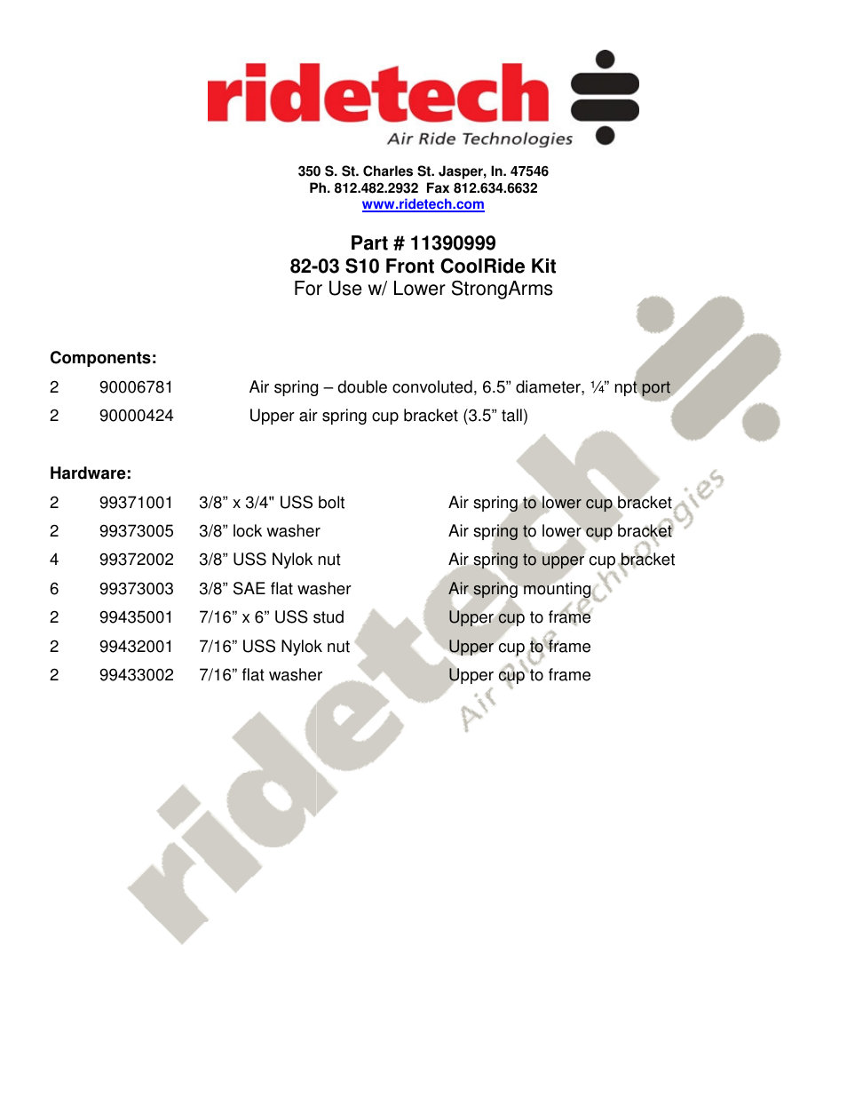 Ridetech 11390999 User Manual | 2 pages