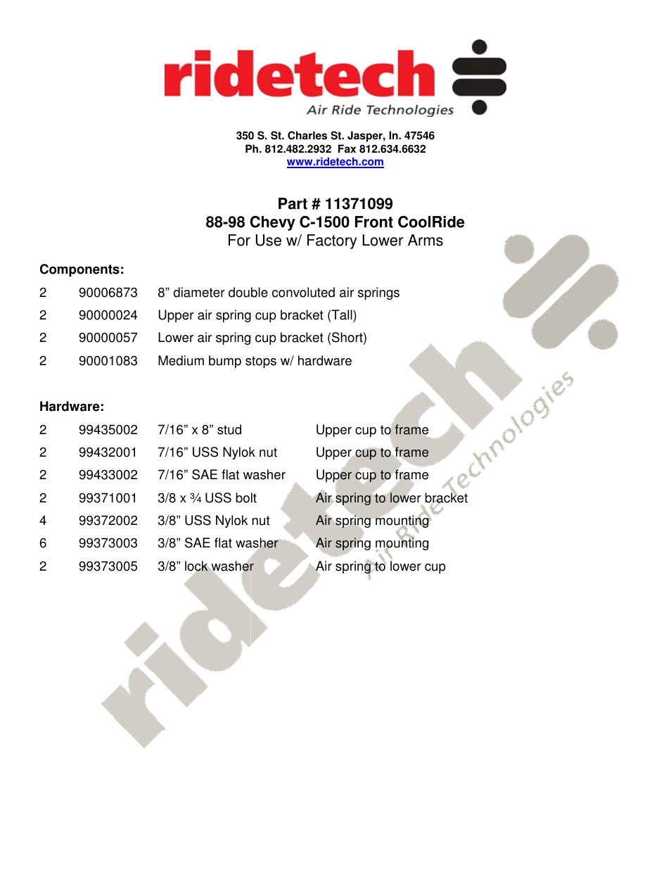 Ridetech 11371099 User Manual | 3 pages