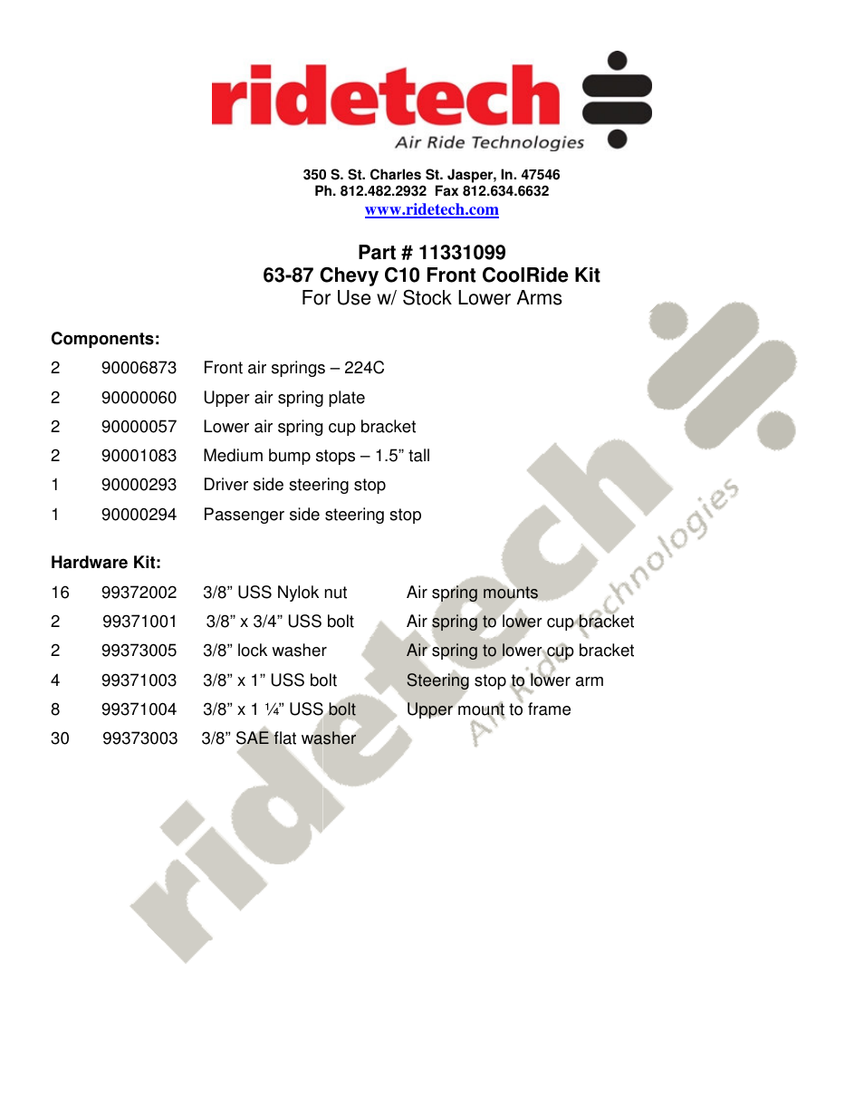 Ridetech 11331099 User Manual | 2 pages