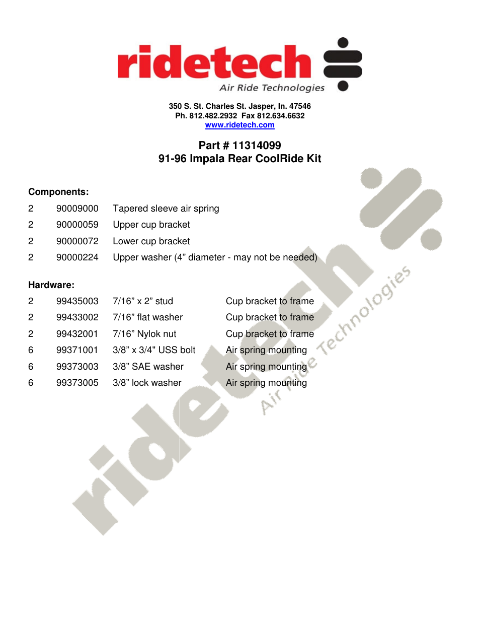 Ridetech 11314099 User Manual | 3 pages