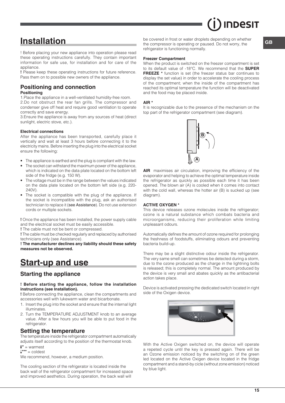 Installation, Start-up and use, Positioning and connection | Starting the appliance, Setting the temperature | Indesit IN CB 31 AA User Manual | Page 15 / 48