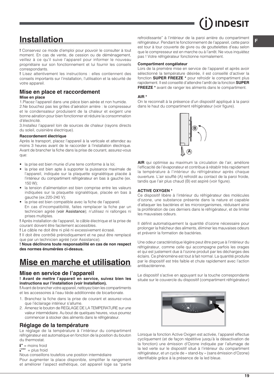 Installation, Mise en marche et utilisation, Mise en place et raccordement | Mise en service de l’appareil, Réglage de la température | Indesit IN CB 31 AA User Manual | Page 19 / 48
