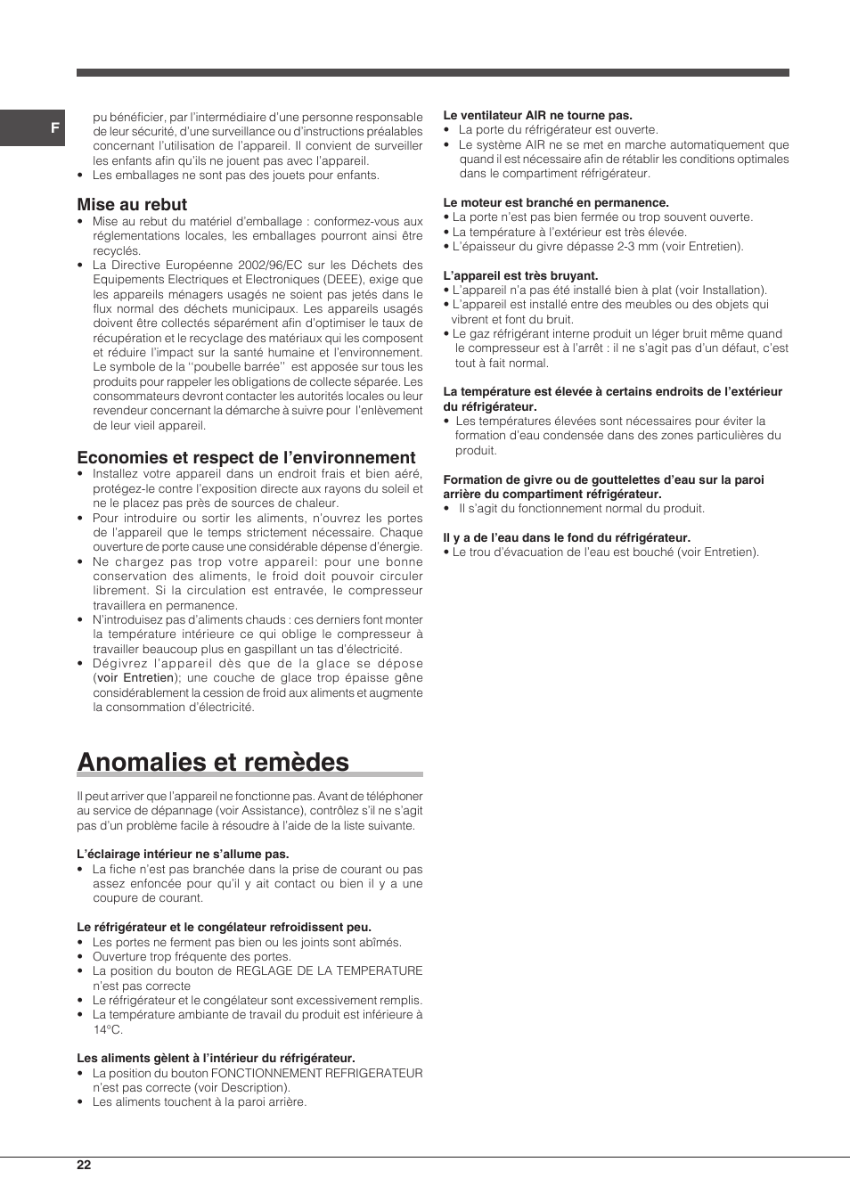 Anomalies et remèdes, Mise au rebut, Economies et respect de l’environnement | Indesit IN CB 31 AA User Manual | Page 22 / 48