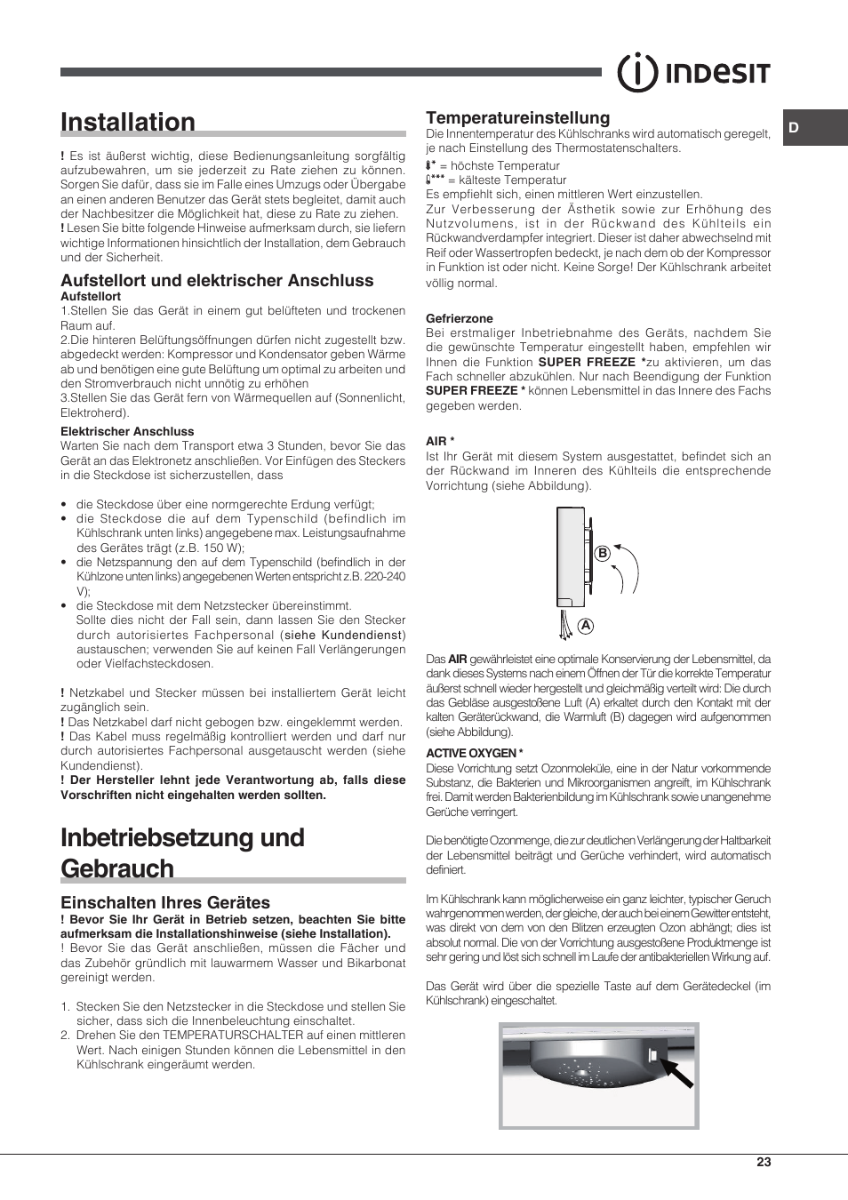Installation, Inbetriebsetzung und gebrauch, Aufstellort und elektrischer anschluss | Einschalten ihres gerätes, Temperatureinstellung | Indesit IN CB 31 AA User Manual | Page 23 / 48