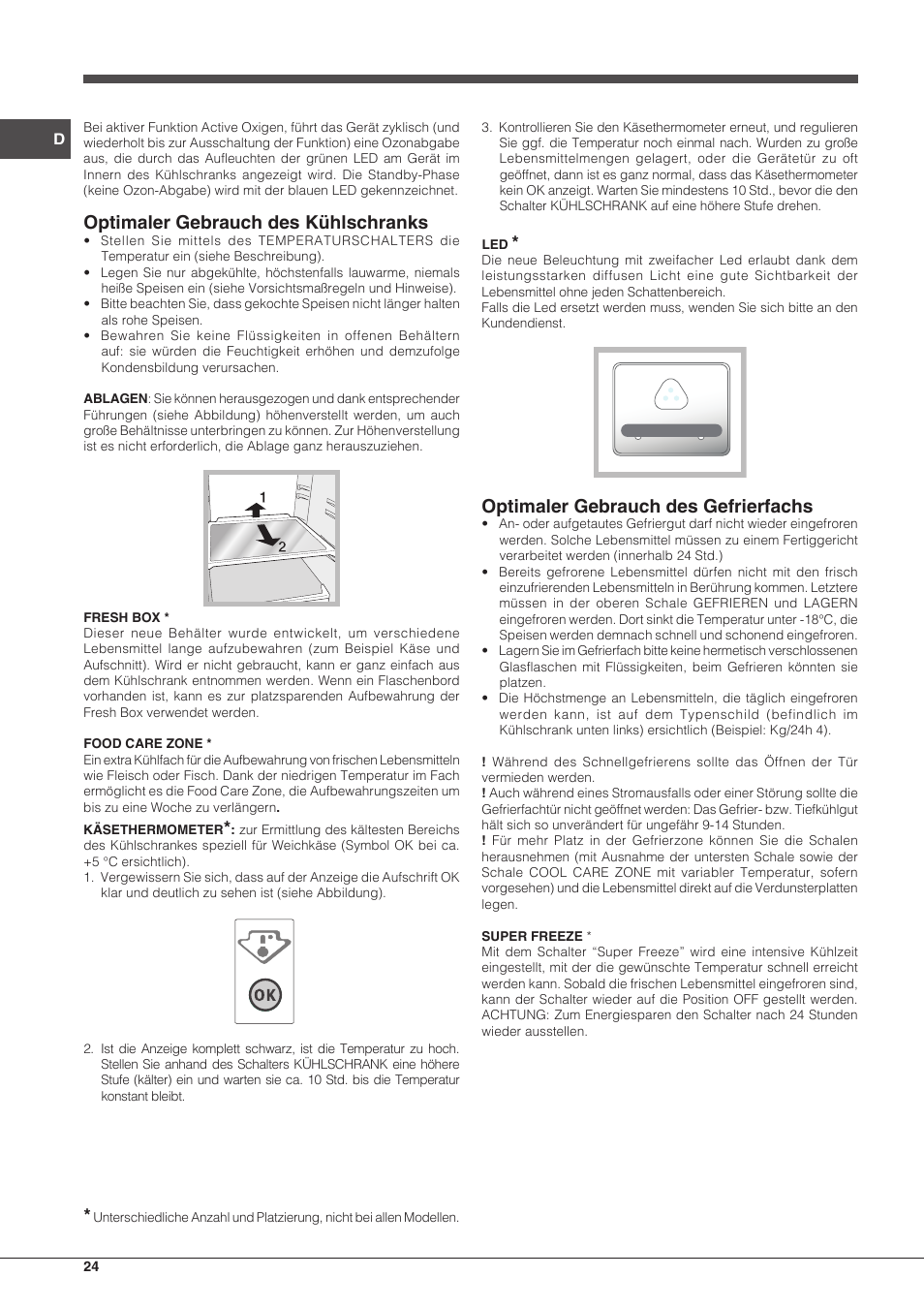 Optimaler gebrauch des kühlschranks, Optimaler gebrauch des gefrierfachs | Indesit IN CB 31 AA User Manual | Page 24 / 48