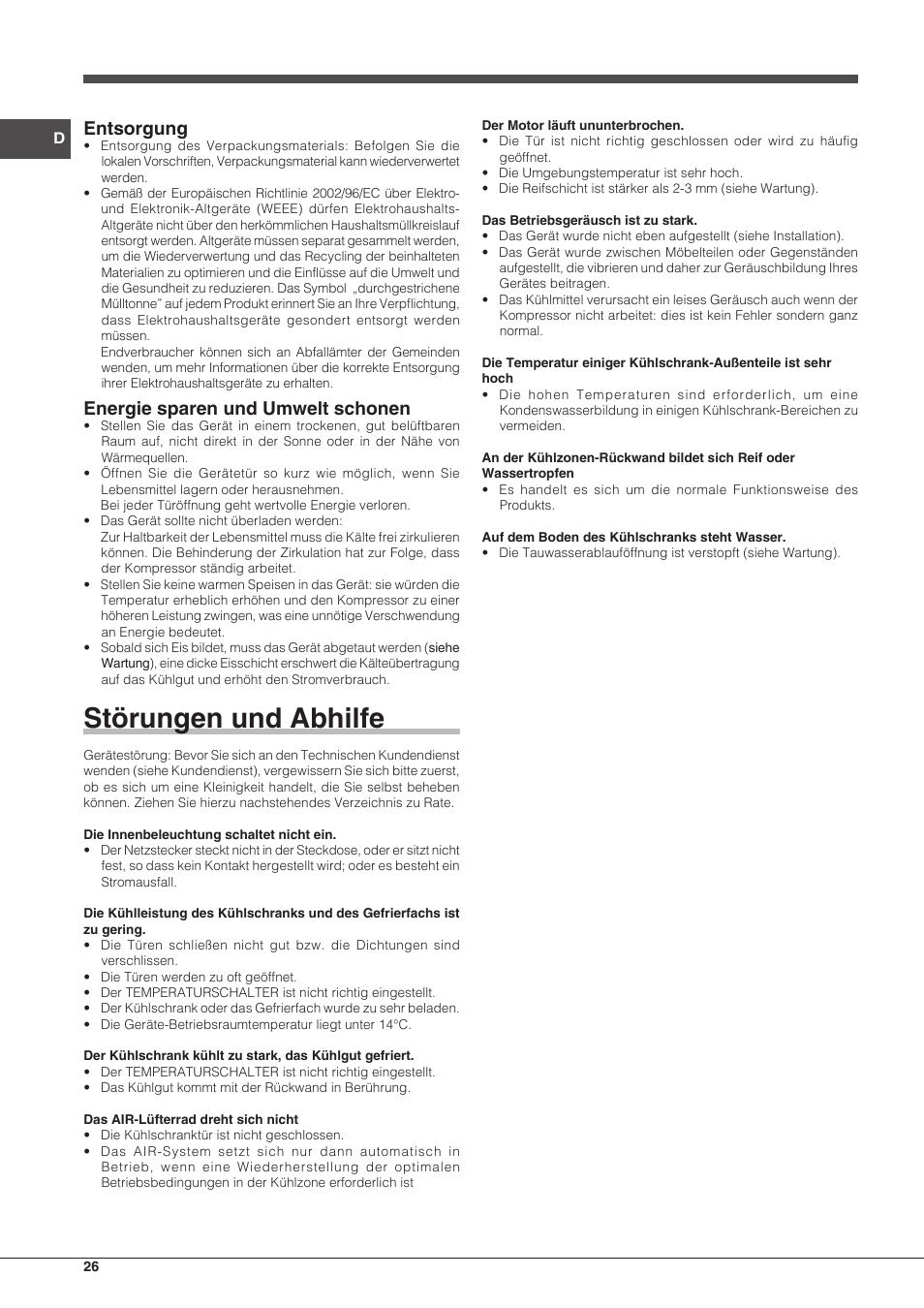 Störungen und abhilfe, Entsorgung, Energie sparen und umwelt schonen | Indesit IN CB 31 AA User Manual | Page 26 / 48