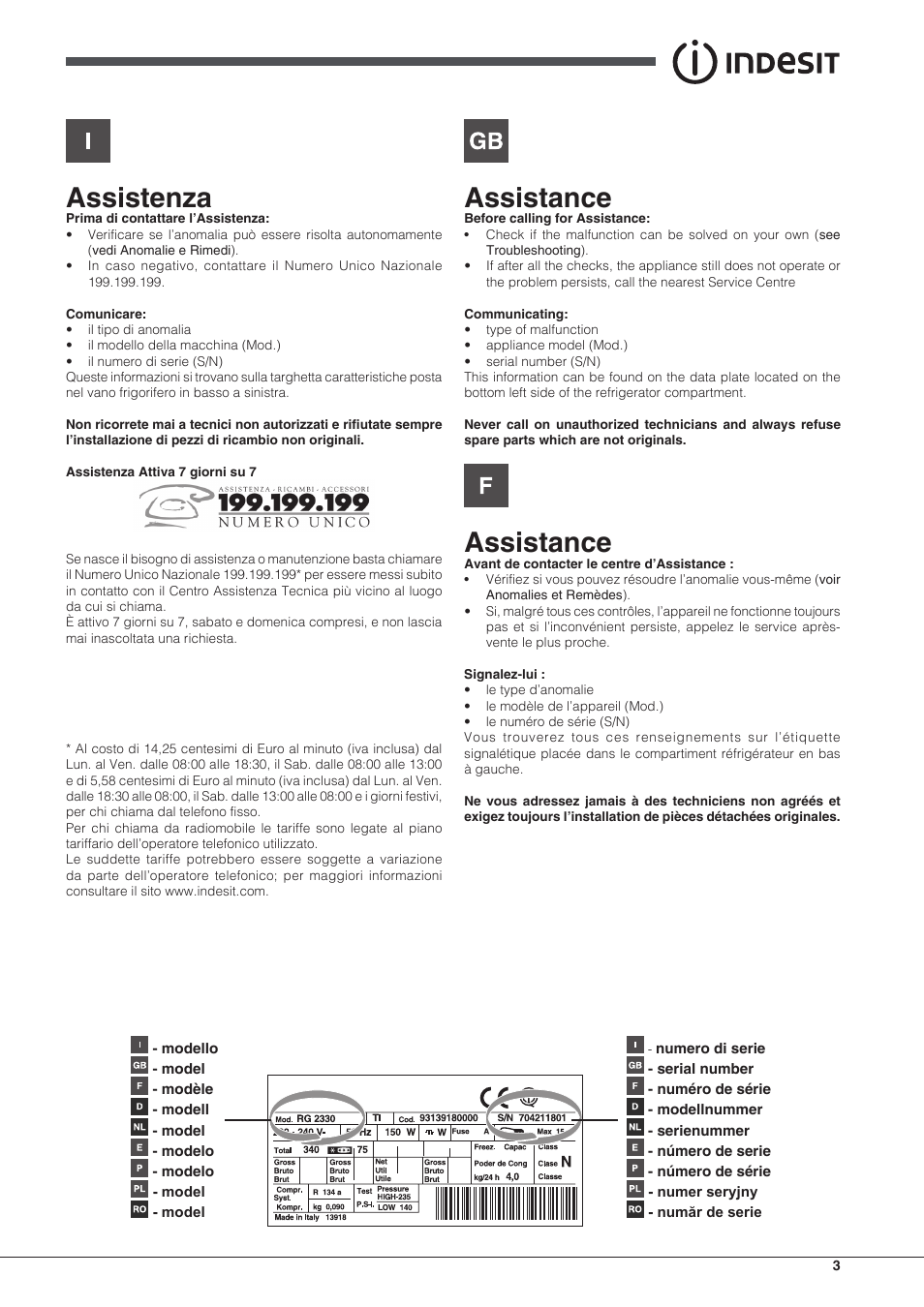 Assistenza, Assistance | Indesit IN CB 31 AA User Manual | Page 3 / 48