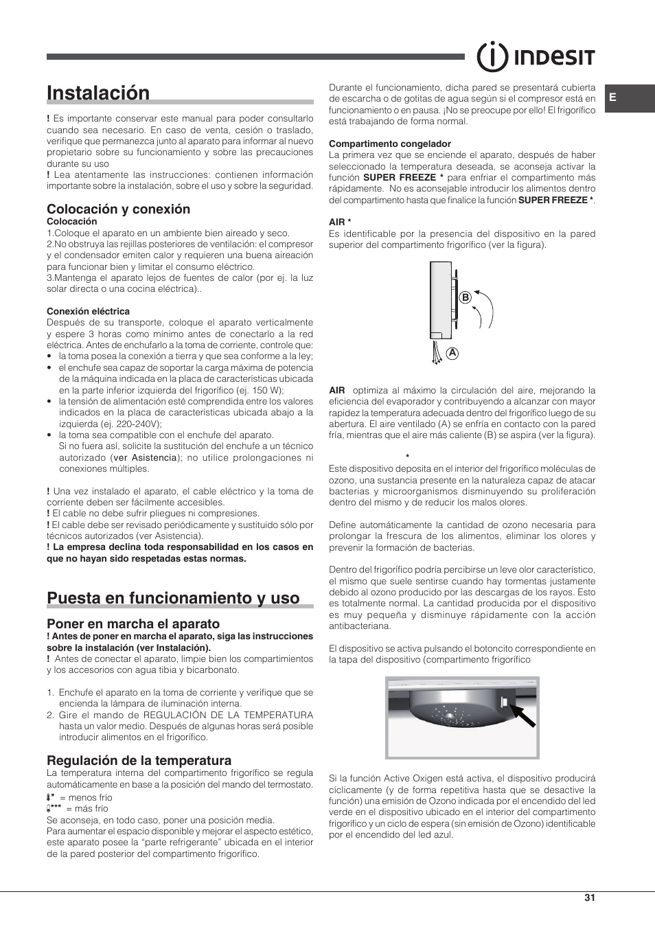 Instalación, Puesta en funcionamiento y uso, Colocación y conexión | Poner en marcha el aparato, Regulación de la temperatura | Indesit IN CB 31 AA User Manual | Page 31 / 48