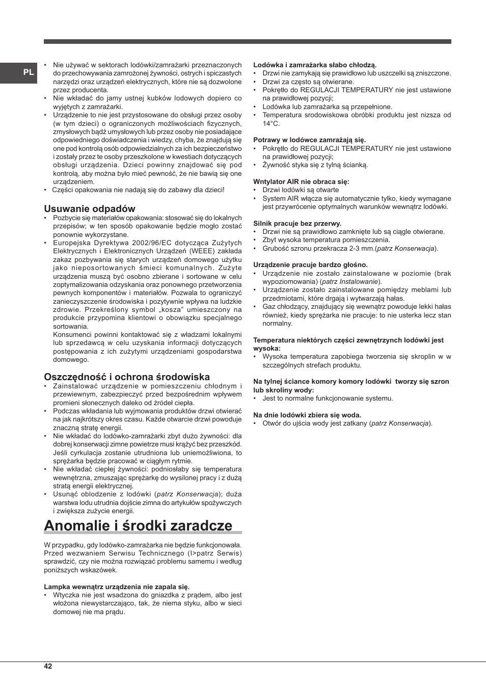 Anomalie i środki zaradcze, Usuwanie odpadów, Oszczędność i ochrona środowiska | Indesit IN CB 31 AA User Manual | Page 42 / 48