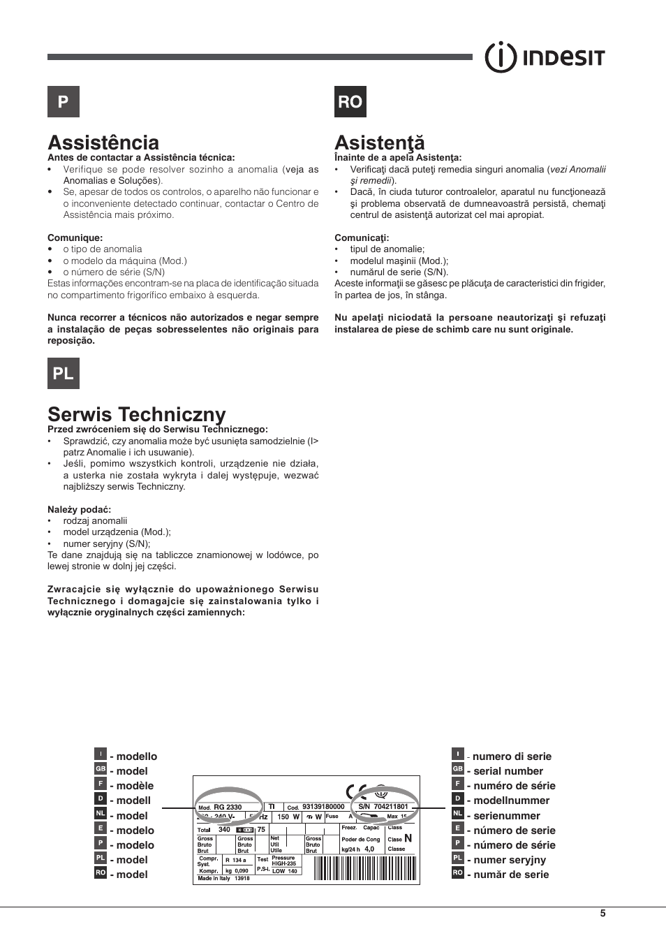 Assistência, Serwis techniczny, Asistenţă | Indesit IN CB 31 AA User Manual | Page 5 / 48